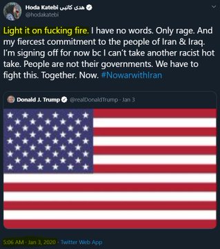 8)Rep. Omar quoted a tweet by  @hodakatebi, a regular at events held by Iran’s DC-based lobby group  @NIACouncil.Katebi called for burning the U.S. flag after the killing of Tehran’s terrorist-in-chief Qassem Soleimani.Thread below sheds more light https://twitter.com/HeshmatAlavi/status/1227574145153716224?s=20