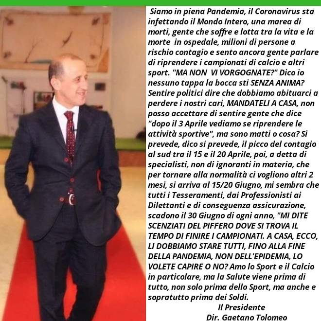 #coronarvirusitalia #Covid_19 #COVID19 #Trump #GiuseppeConte  #gabrielegravina #cosimosibilia #FIGC #lnd #UEFA #FIFA #legaseriea #legaserieb #legapro #itatv #Salvini #renzi #matteosalvini #meloni #berlusconi #lndcampania #deluca