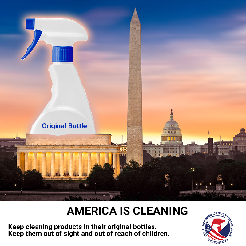 A picture of the national mall with a giant bottle of cleaning product sitting next to the washington monument. The text reads: america is cleaning. Keep cleaning products in their original bottles and locked up and away from children.