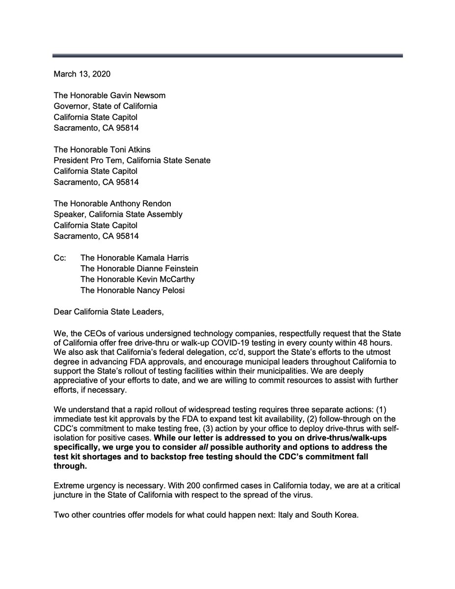 Together with 170+ technology CEOs we are asking the State of California and California Congressional leaders to use every means in their power to deploy widespread, free COVID-19 testing drive-thrus and walkups in the next 48 hours.