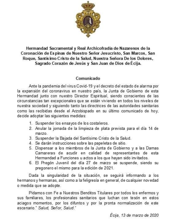 COMUNICADO HERMANDAD| Se adjunta comunicado de la Hermandad  Sacramental de San Gil en relación con la pandemia del virus Covid-19 .