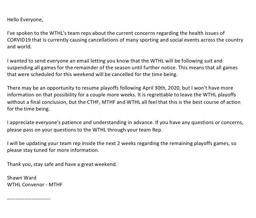 Handballmb's tweet image. The WTHL is postponed until further notice.