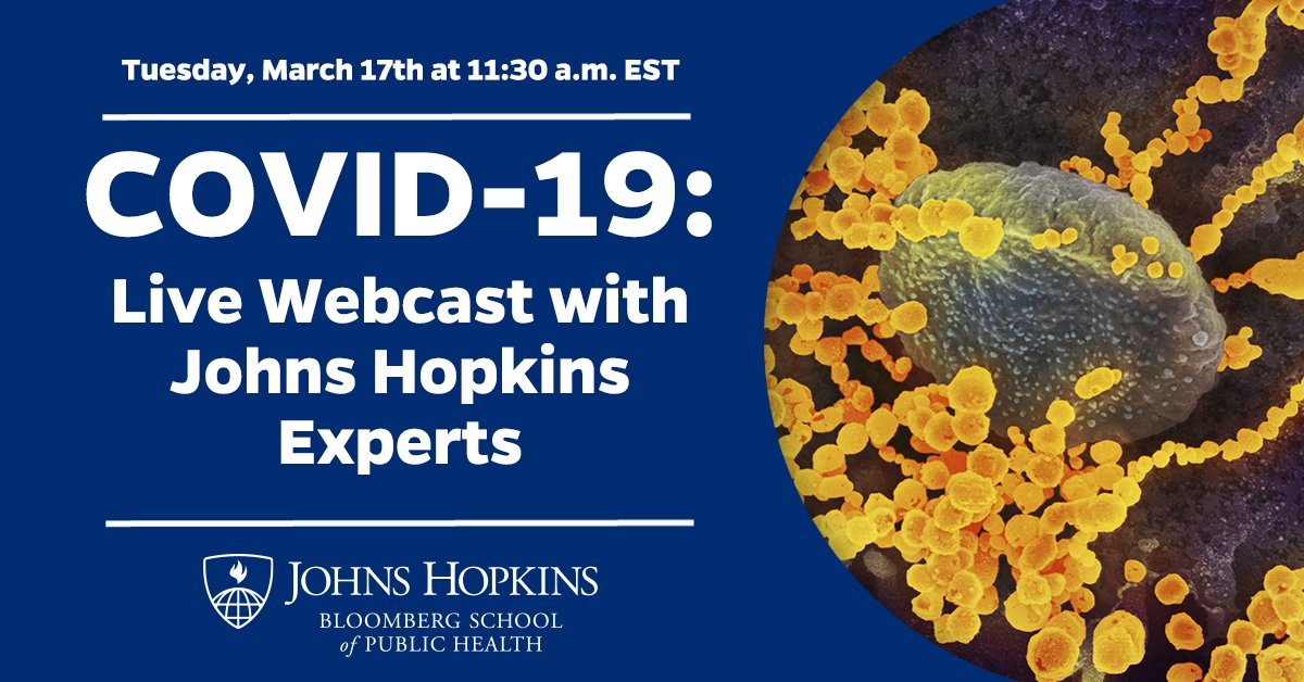 #COVID19 is now a global pandemic. This is a critical time for information but also for the support and reassurance that science and evidence can offer.

Join us on Tuesday (3/17) to hear from <a href="/JohnsHopkins/">Johns Hopkins University</a> experts.

🔗 jhsph.edu/events/2020/co…
🕦 11:30 a.m. EST