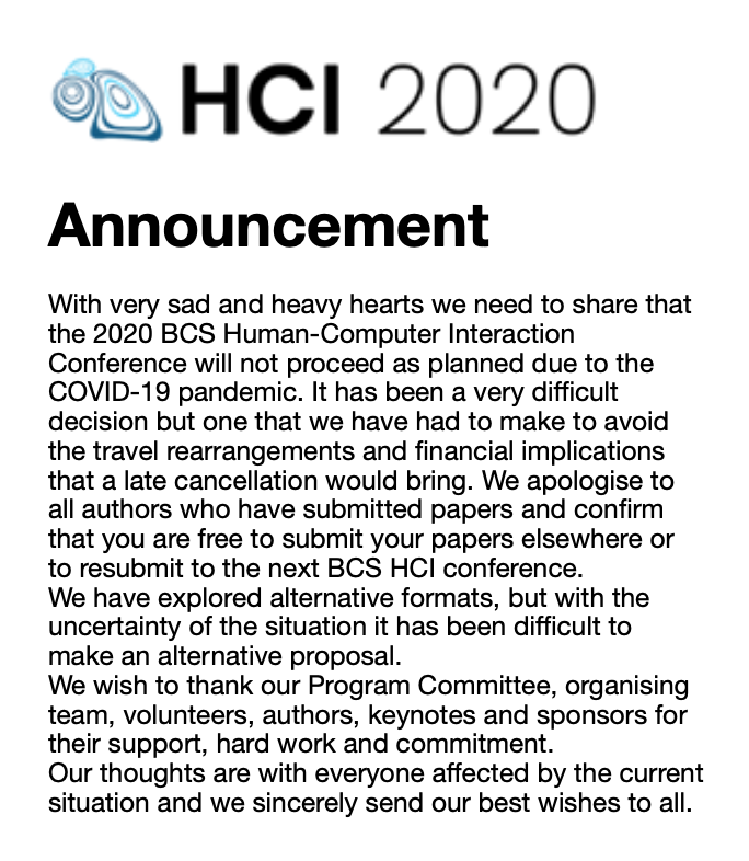 PLEASE READ: Announcement regarding the @BCS HCI Conference that was scheduled to take place in July