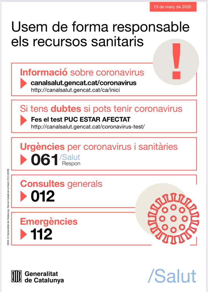 Fem un ús racional dels recursos sanitaris:

Info sobre #coronavirus <a href="/salutcat/">Salut</a>
canalsalut.gencat.cat/ca/salut-a-z/c…

061 ➡️ Urgències per #coronavirus i sanitàries

012 ➡️ Consultes generals

112 ➡️ Emergències