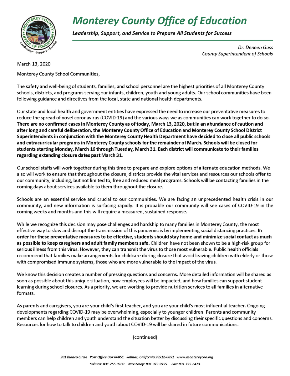 SUHSDofficial's tweet photo. MCOE &amp; Monterey County School District Superintendents in conjunction with the Monterey County Health Department have decided to close all public schools &amp; extracurricular programs in Monterey County schools for the remainder of March. https://t.co/ajGRstpzkI https://t.co/3dePIhLpmj