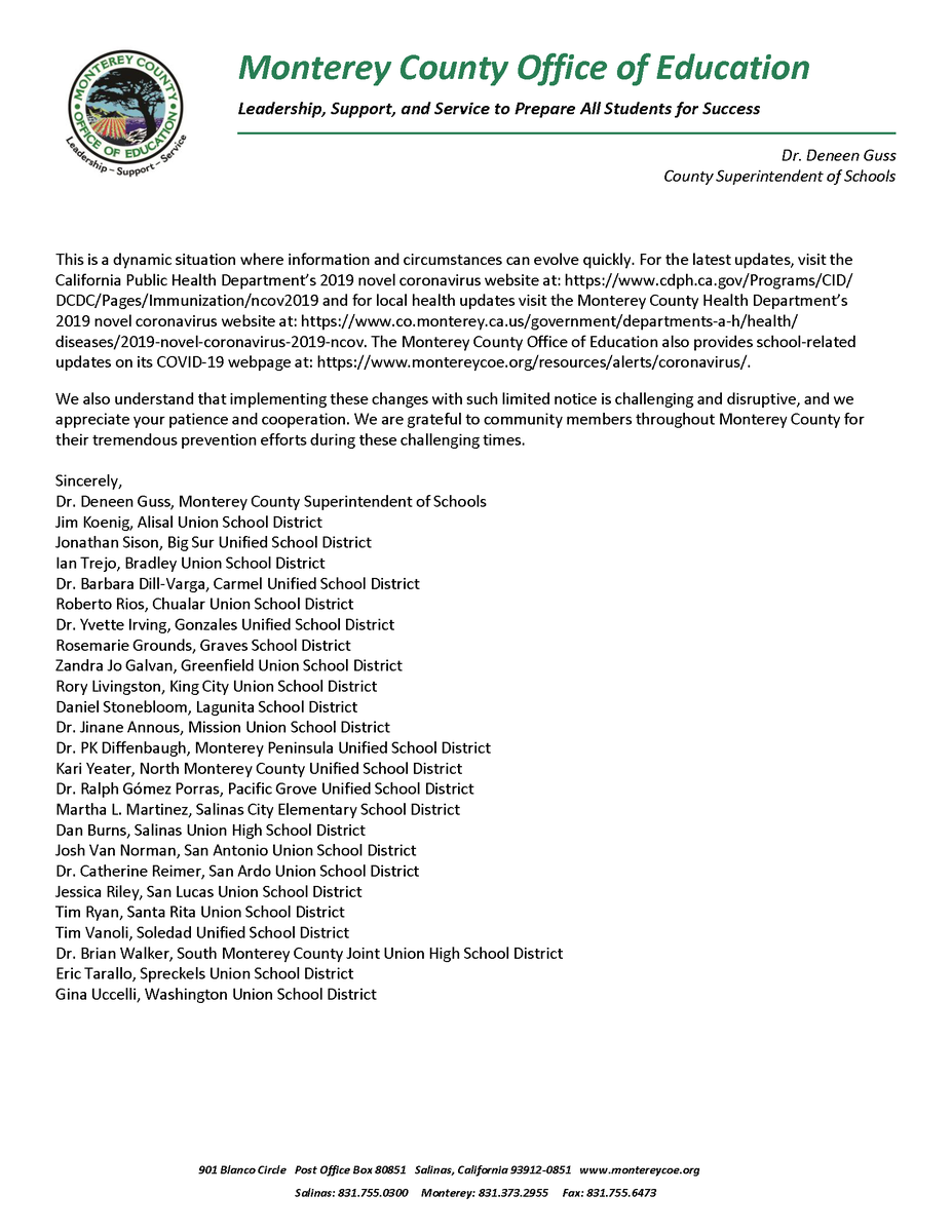 SUHSDofficial's tweet photo. MCOE &amp; Monterey County School District Superintendents in conjunction with the Monterey County Health Department have decided to close all public schools &amp; extracurricular programs in Monterey County schools for the remainder of March. https://t.co/ajGRstpzkI https://t.co/3dePIhLpmj