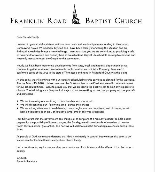 A Statement from @frbc_pastor for the church family regarding Coronavirus (COVID-19): ift.tt/38KMDLD
