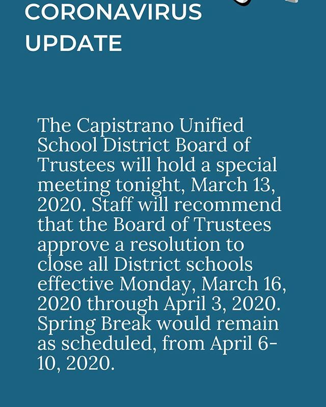 BerniceAyerMS's tweet photo. #COVID19 Update March 13 | 1:20 PM: Our priority is to protect the welfare, safety, and educational well-being of all students, while also protecting the health and safety of our teachers and staff. 
The Capistrano Unified School District Board of Truste… https://t.co/bAvQM7vUk7 https://t.co/kXSYs11FtK
