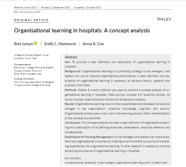 OLEARNHealth's tweet photo. What is organizational learning? In our 2018 concept analysis, we highlighted that beyond knowledge, cognition and actions are important in an organization’s ability to progress towards their desired outcomes. #organizationallearning #health #nursing https://t.co/5kJQ21HriA