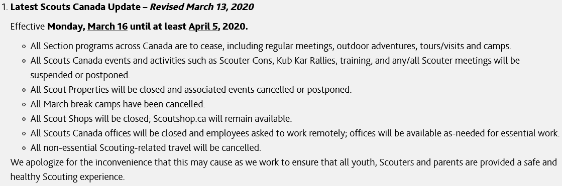 69scouts's tweet photo. (1/2)
Dear Parents, Guardians and Members of the 69th Scouting Family,

Per Scouts Canada's instructions announced today, we will be ceasing ALL Scouting Events effective immediately until at least April 5th, 2020. https://t.co/gIeTTUuQ0V