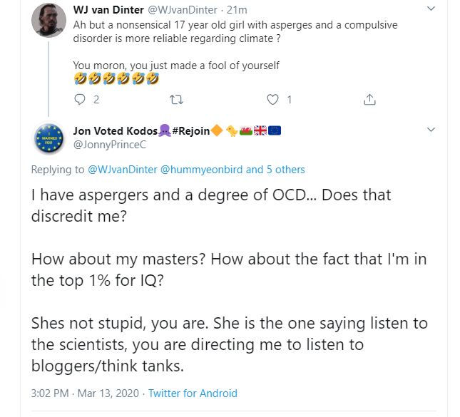 FriendsOScience's tweet photo. This fellow claims to be very smart, but he misspoke to us and now is blocked. Please keep the language clean ppl - spicy comments from time to time okay, but this crosses the line. Argue the evidence. Don't be a #ClimateBully https://t.co/VYW9awrBo6