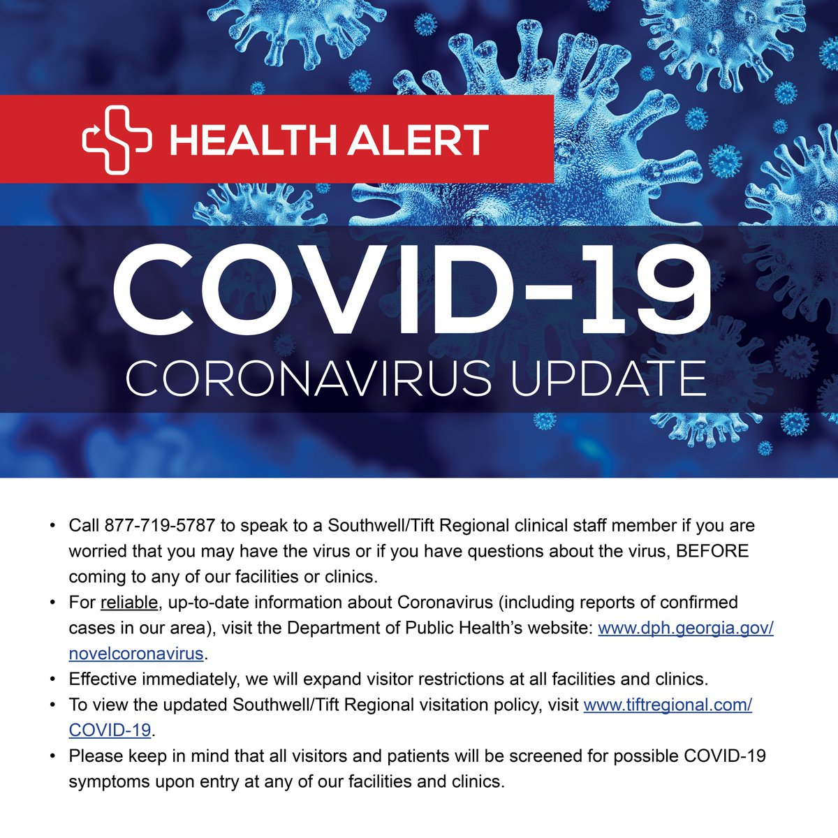 We are taking precautions to prevent the spread of the COVID-19. Call 877-719-5787 to speak to a clinical staff member if you are worried that you may have the virus or if you have questions about the virus. For more updates, visit tiftregional.com/COVID-19.