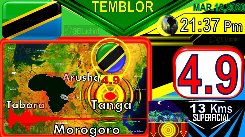 elluchin1's tweet photo. 🇹🇿➡#Temblor 4.9⚡ #Tanga a 19 Kms Al NorOeste de #Maramba
 ⏱21:37 Pm🌌 Noche de Tanzania🇹🇿 

SUPERFICIAL🔰 13 Kms 
 Este de #Tabora
#Tanzania🇹🇿
Africa Indica
#BuenViernes #Sismo
 #Earthquake #Cuarentena
#Viernes13 #FelizViernesATodos https://t.co/dxA7mjaaSU