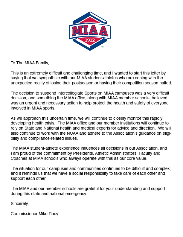 TheMIAA's tweet photo. A letter to our MIAA family from @MIAA_Racy https://t.co/oP4XlhT1p9