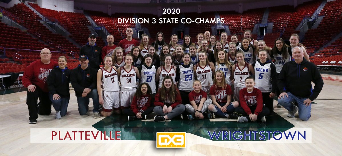 NBGX3Media's tweet photo. 3-13-20 Platteville and Wrightstown came together Friday morning after the state GBB tny was cancelled.  The two were set to face off Sat. in the D3 final.  
...now I just consider them D3 co-champs...
@TigerGirlsHoops
 #thehillmenway #wrightstowntigers #plattevillehillmen #wisgb https://t.co/hezlHk7dmZ
