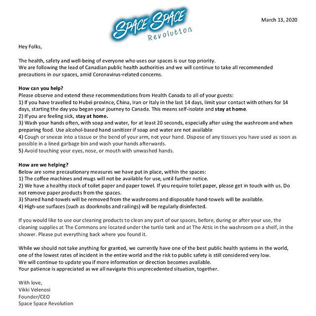 Coronavirus! Are you sick of hearing about it yet? (No pun intended!) We’ve compiled a Canadian-appropriate list of the precautions we are taking and the actions you should be taking, while using our spaces. #spacespacerevolution #covid