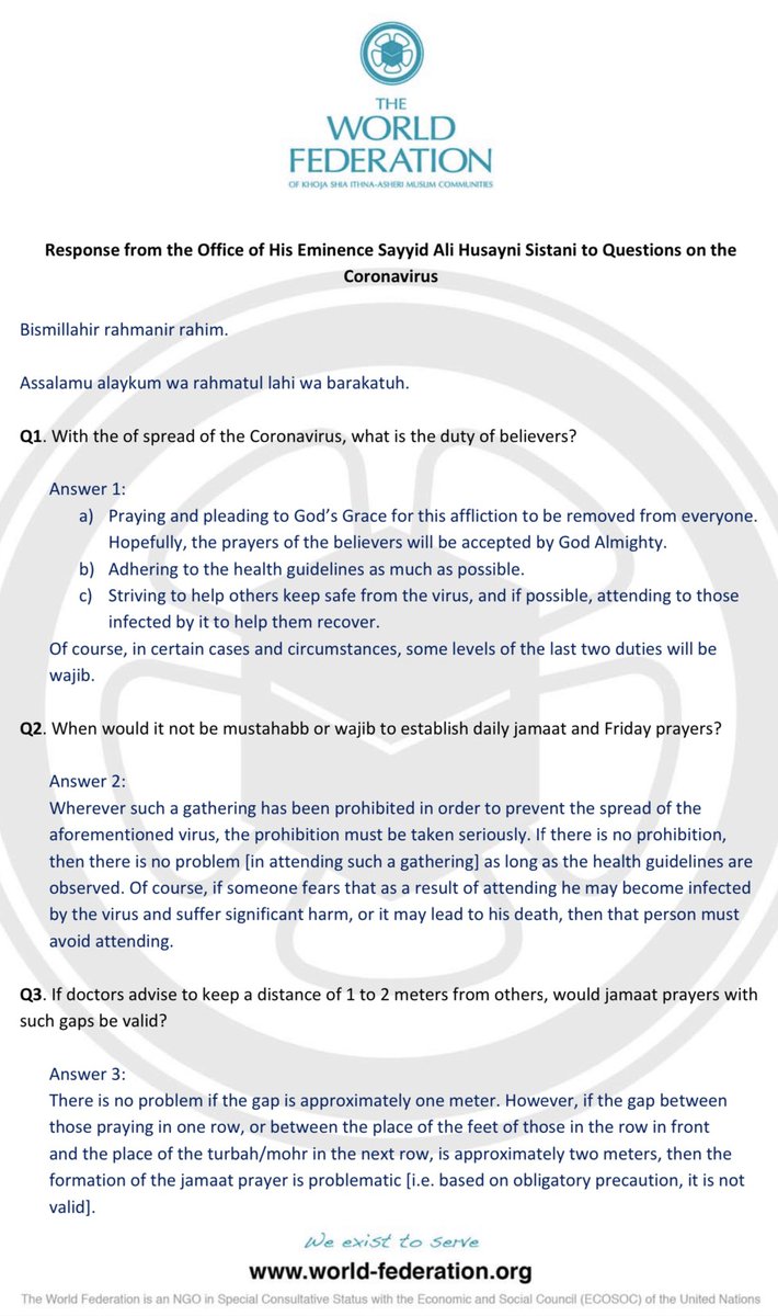 malhilli's tweet photo. 20 questions &amp; answers on the #coronavirus from his eminence Ayatollah #Sistani office in Najaf.

They include:
Duty of believers at this time
Should we establish jama’a prayers?
If we don’t follow guidelines, is it a sin?
The burial of someone with Corona

Prepared by @WFKSIMC https://t.co/EpFx19f71p