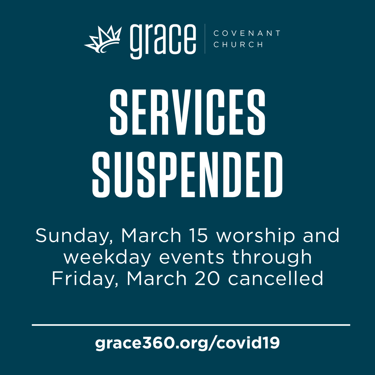 In light of COVID-19 (coronavirus), Grace is suspending worship services and all ministries on Sunday, March 15, and all weekday ministries will be suspended for two weeks, beginning Monday, March 16.

Learn more at grace360.org/covid19.