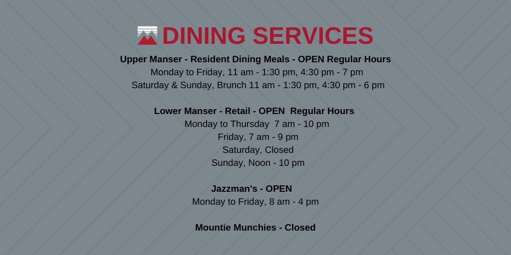 mansfieldu's tweet photo. Here are the updated hours for Dining Services on campus 🍔🌮🍎☕️ https://t.co/EOIASXyZFo