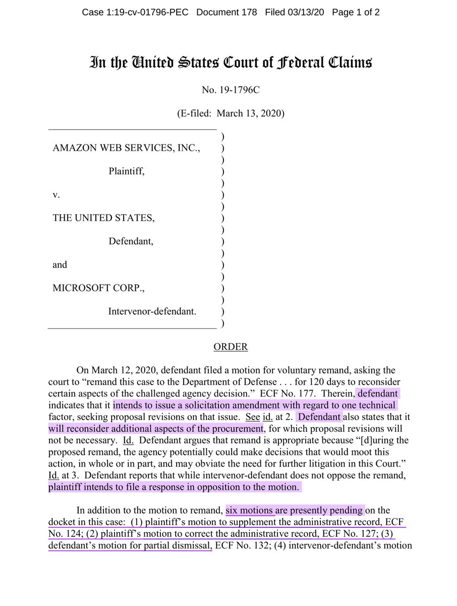 Do NOT get ahead of your skisCourt has only “STAYED” the six pending motions, has YET TO rule on yesterday’s DOD request to Remand back to the DOD. Read the last sentence carefully Paywall  https://ecf.cofc.uscourts.gov/doc1/01503651302?caseid=40037Public Drive https://drive.google.com/file/d/1Ona0aWvthGzGCd8mreFNmEKnuMNOxcjJ/view?usp=drivesdk
