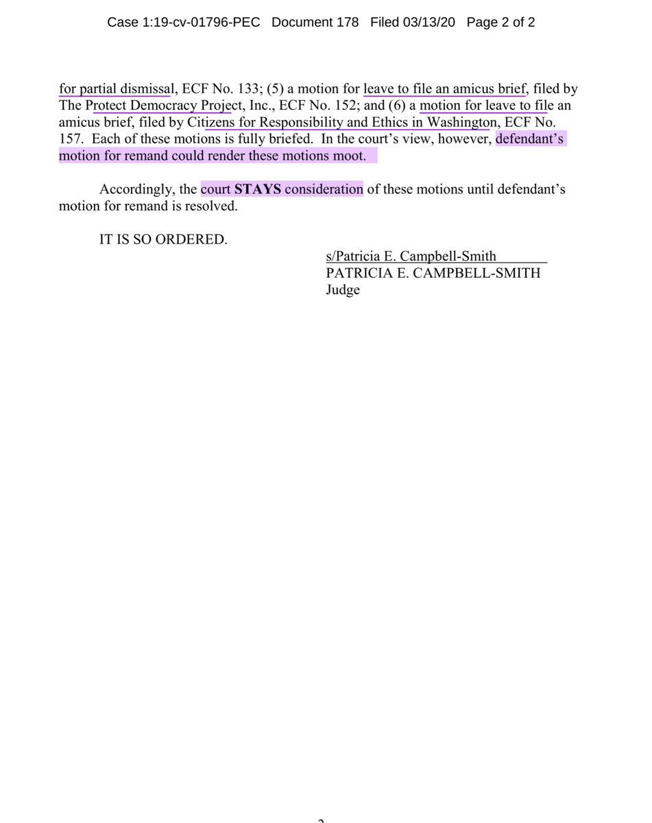 Do NOT get ahead of your skisCourt has only “STAYED” the six pending motions, has YET TO rule on yesterday’s DOD request to Remand back to the DOD. Read the last sentence carefully Paywall  https://ecf.cofc.uscourts.gov/doc1/01503651302?caseid=40037Public Drive https://drive.google.com/file/d/1Ona0aWvthGzGCd8mreFNmEKnuMNOxcjJ/view?usp=drivesdk