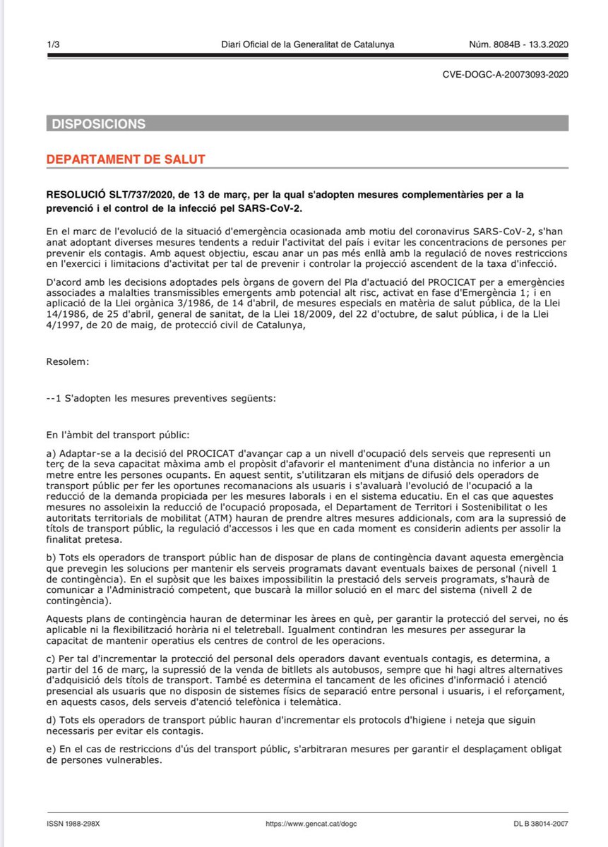 emergenciescat's tweet photo. Publicada al DOGC la resolució per la qual s'adopten mesures complementàries per a la prevenció i control del #coronavirus 

Cal reduir l'activitat del país i evitar les concentracions de persones per prevenir els contagis

#ProteccioCivil #PROCICAT 👇👇
https://t.co/Ck8xloTWeE https://t.co/KeZFq23icE