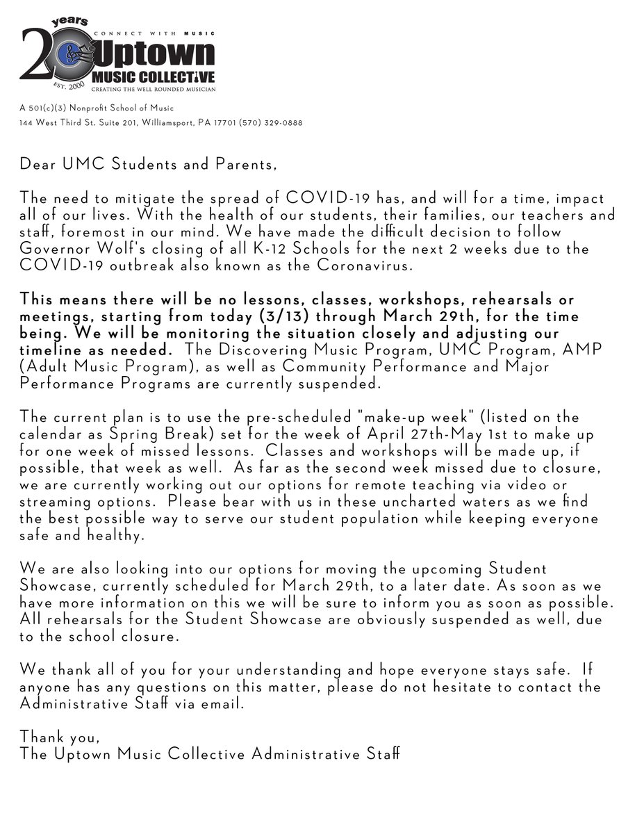 umctweet's tweet photo. ***ATTN UMC STUDENTS &amp; PARENTS*** The Uptown Music Collective's official response to the current situation with COVID-19 and Governor Wolf's recent closure of all PA Schools. #StaySafe #ConnectWithMusic https://t.co/y5gcRMupyS