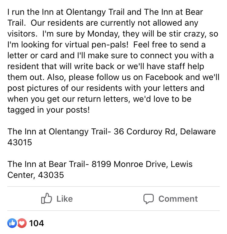 Need something to do and spread some happiness while on break? Write to a resident of an assisted living facility! They might even write back. <a href="/BrooksideBcats1/">Brookside Bobcats</a>