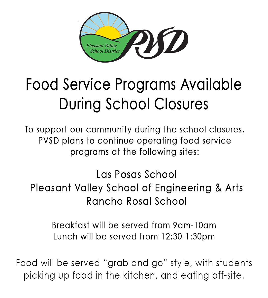 To support our community during the school closures, Pleasant Valley School District plans to continue operating food service programs at the following sites:

- Las Posas School
- PVSEA
- Rancho Rosal

Details here: bit.ly/33rTU1X

#PVSD #PVproud #Camarillo #COVID19