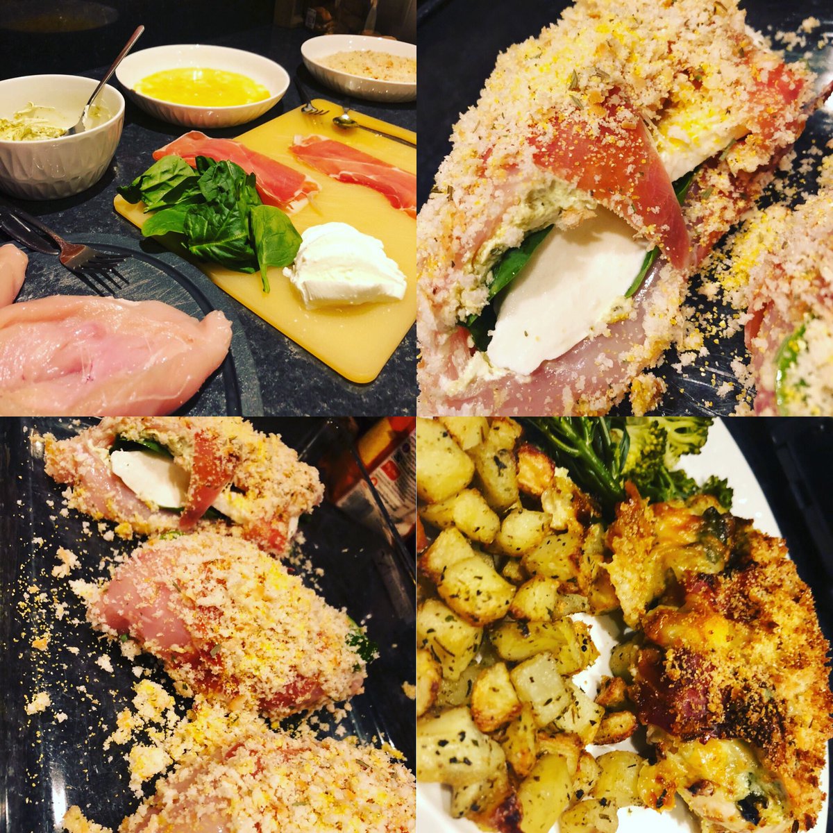 RattiAnni's tweet photo. Love a Friday Fresh From Scratch 🙌🏻 #chickenbutterflied #mascapone #mozzerella #spinach #pesto #parmaham #breadcrumbs #baked #redwine #broccoli #parmentierpotatoes https://t.co/TAejB46Wx6