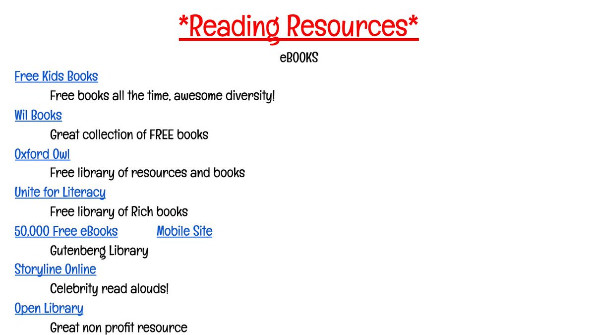 👉Remote Reading Resources👈 This document literally contains thousands of books, audio recordings, publishing options all for FREE!!

Click Here - docs.google.com/document/d/1f4…

#remotelearning #edchat #seesawchat #ditchbook