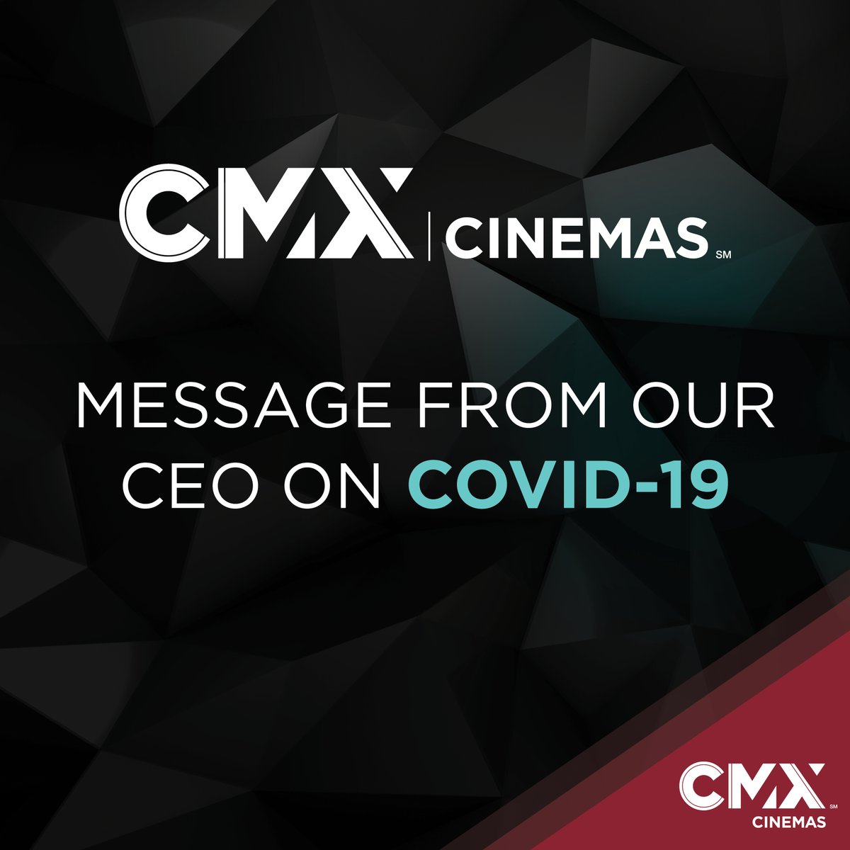 The health and safety of our guests and employees are the main priority at CMX Cinemas/CineBistro, and we are being proactive as a result of the emerging public health threat from Coronavirus (COVID-19). Please click here ow.ly/MJ9h30qpFzW  to learn more.