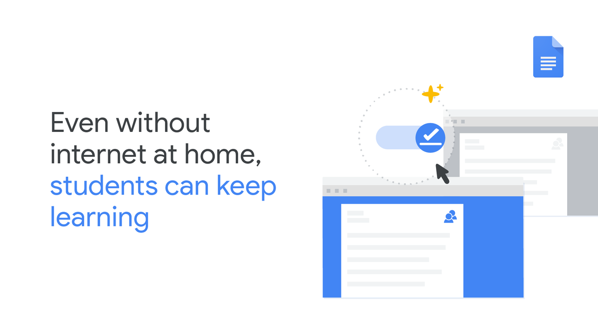 GoogleForEdu's tweet photo. When students have limited or no access to WiFi, educators can help them stay engaged by using offline features in #GSuiteEdu and #Chromebooks. https://t.co/e0zHeFMgnf #DistanceLearning https://t.co/siUCUDjvWV