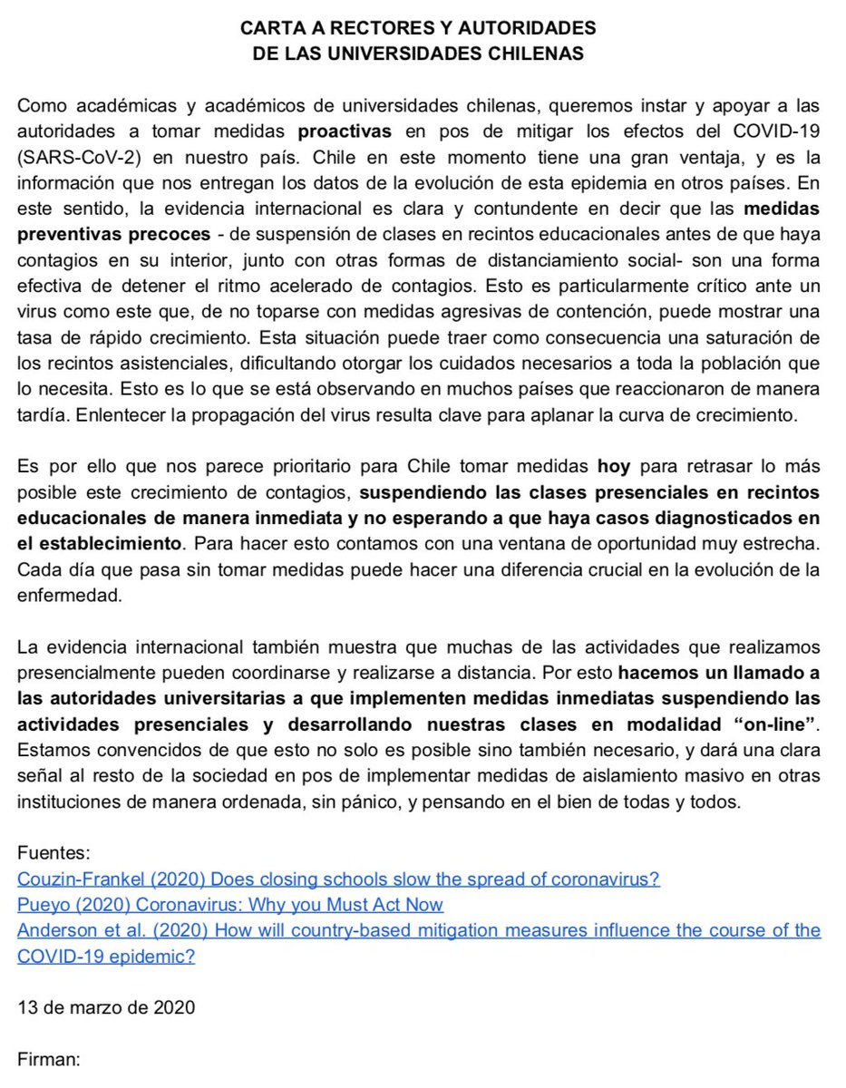 bpoblete's tweet photo. Carta de Académic@s a las Autoridades Universitarias y educacionales #Covid_19 https://t.co/2JlJM9BY1f
