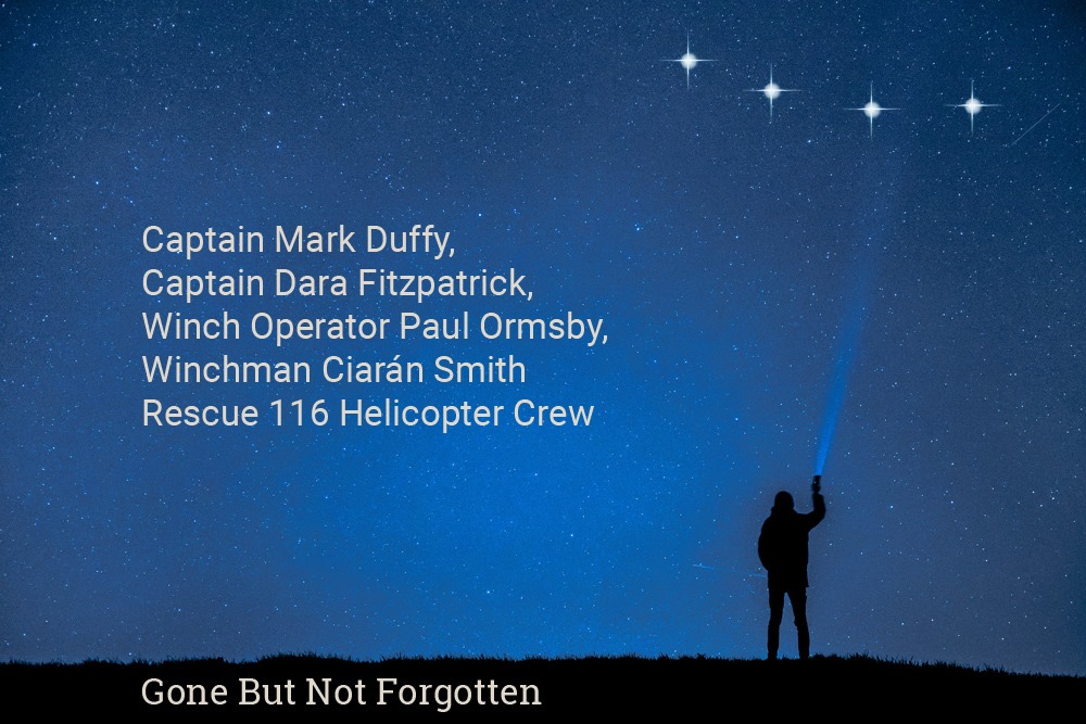 dfrun_ie's tweet photo. On this night three years ago, four Irish Coast Guard Search and Rescue helicopter crew #Rescue116 set out on a mission and they never came home. Please take a moment to remember their courage and service and to remember their families and @IrishCoastGuard family #NeverForgotten https://t.co/Yy0JHuLwkc