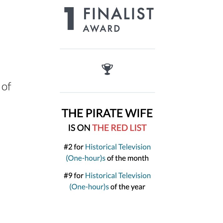 LaraBarbier's tweet image. Wow, my original TV pilot, The Pirate Wife is #2 on The Red List this month and #9 for the year in Historical TV :) 

writers.coverfly.com/the-red-list?g… 

@Coverfly #scriptchat #screenwriting