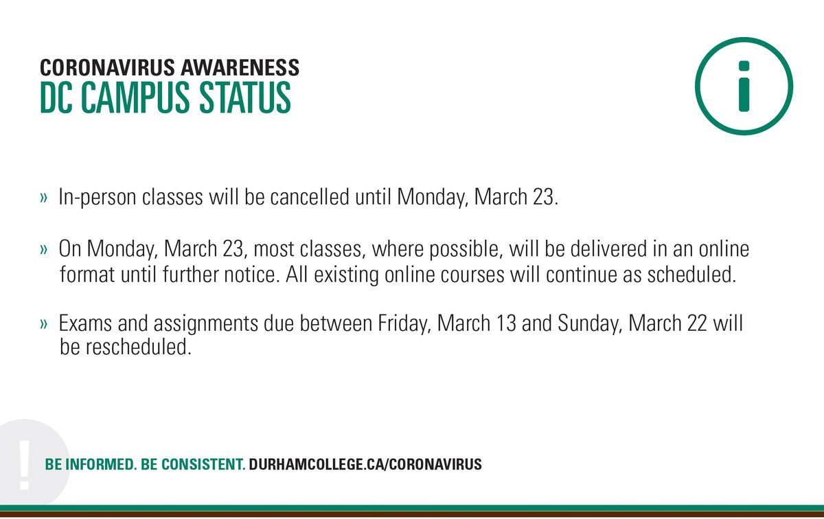durhamcollege's tweet photo. DC is committed to providing a safe environment for the campus community. in-person classes will be cancelled until Monday, March 23. On Monday, March 23, most classes, where possible, will be delivered in an online format until further notice. More info: https://t.co/H42jwef9I1. https://t.co/qoIW7bLPbM