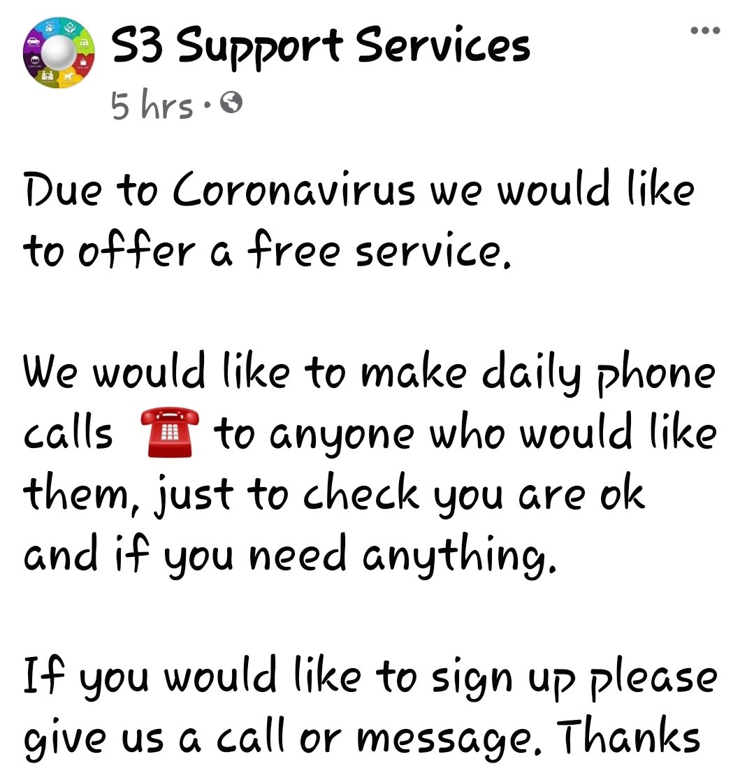 s3_support's tweet photo. If you would like a daily/weekly call just to check you are ok let us know. Free of charge.
#support #denbighshire #coronavirus https://t.co/SDPpkonQVX