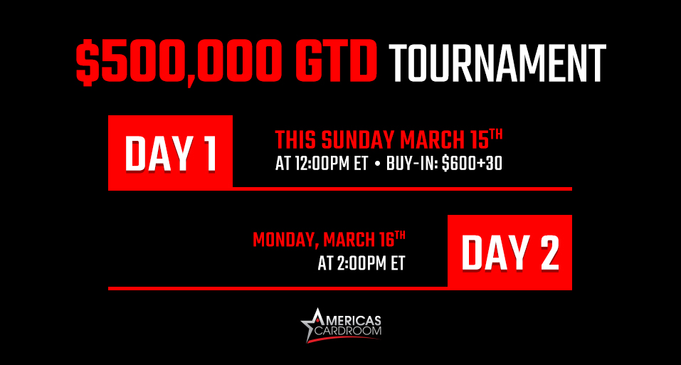 ACR_POKER's tweet photo. Added tourney alert! This Sunday, March 15th at 12pm ET is Day 1 of a big $500,000 GTD tournament ($630 buy-in). Qualifying players will advance to Day 2 the next day (Monday) at 2pm ET. Win your seat for just 25 cents via the new Cyclones.

#ACR #Poker #Tournament #500K https://t.co/STgzhcSNsX
