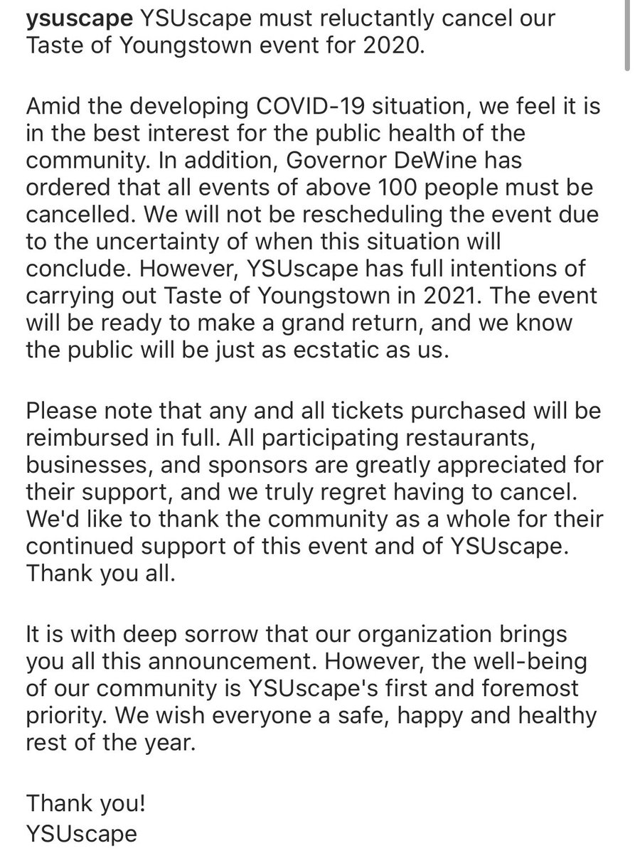 Taste of Youngstown 2020 has been cancelled.

It is with deep sorrow that our organization brings you all this announcement. However, the well-being of our community is YSUscape's first and foremost priority. We wish everyone a safe, happy and healthy rest of the year.⁣