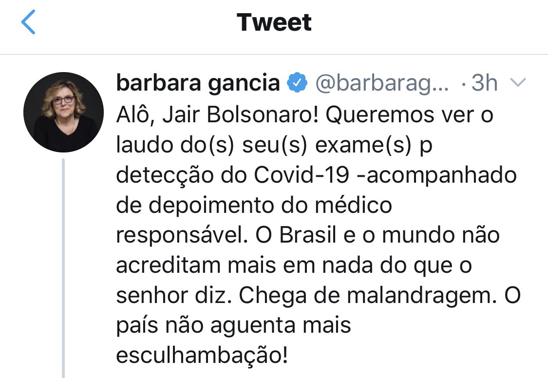 RafaelGoSouza's tweet photo. @barbaragancia, se vocês não tinham o laudo, como veicularam a notícia de que o PR @jairbolsonaro estava infectado? Seria isso uma confissão de incompetência?

Não basta fazer a merda, tem que comer também! https://t.co/xoXk4Fs9gN
