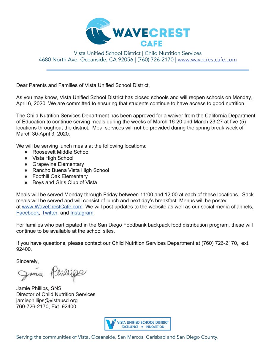 Vista Unified is committed to ensuring that students have access to good nutrition during the school closure window. Please visit our website for more information.