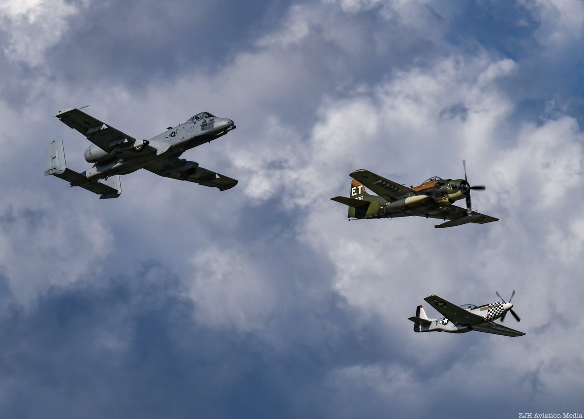 Thunderbolt II, Skyraider, and Mustang Heritage Flight. #osh19 #a10 #a10thunderboltii #a10warthog #a10demoteam #a1 #a1skyraider #skyraider #cavanaughflightmuseum #p51 #p51mustang #mustang #heritageflight #50inosh #airshow #aviation #aviationphotography