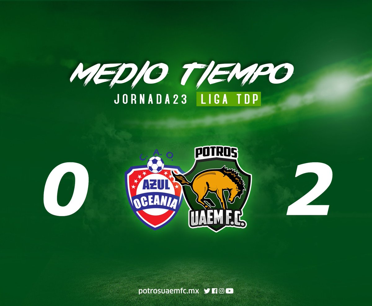 45' PT | #OceaníaVsPotros 

Nos vamos al descanso con 2 goles a favor ¡Hoy gana Potros!🐴😎

#VamosPotros 💚💛