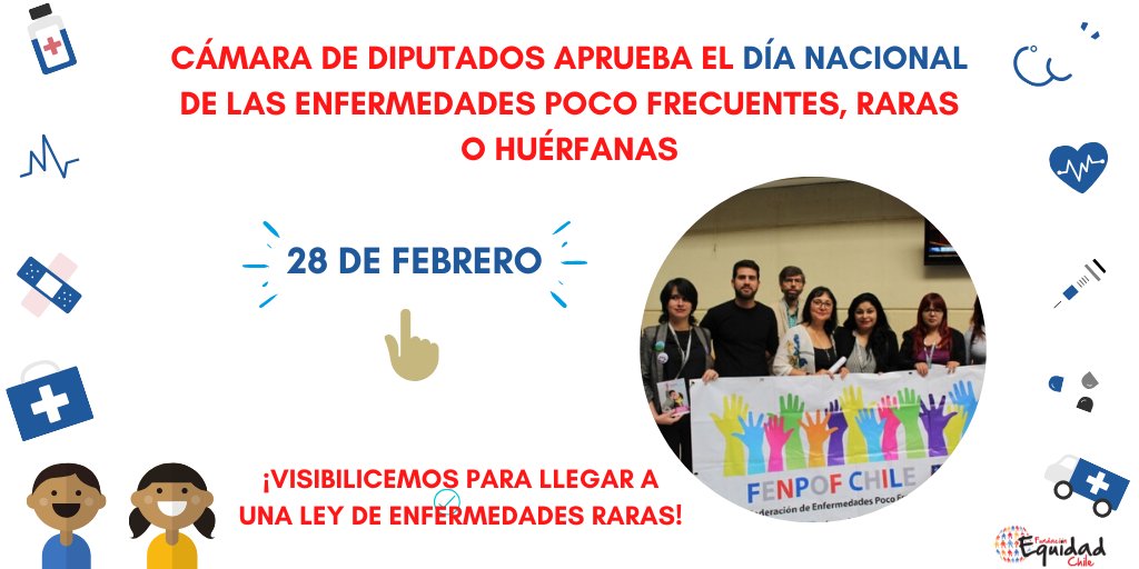EquidadChile's tweet photo. ¡Por fin! Vamos avanzando hacia una #LeyDeEnfermedadesRaras . El 28 de febrero se conmemorará el día de las enfermedades raras o poco frecuentes con el fin de comenzar a visibilizar estos casos 😉 @fenpofChile https://t.co/vcTSmcz4Ro