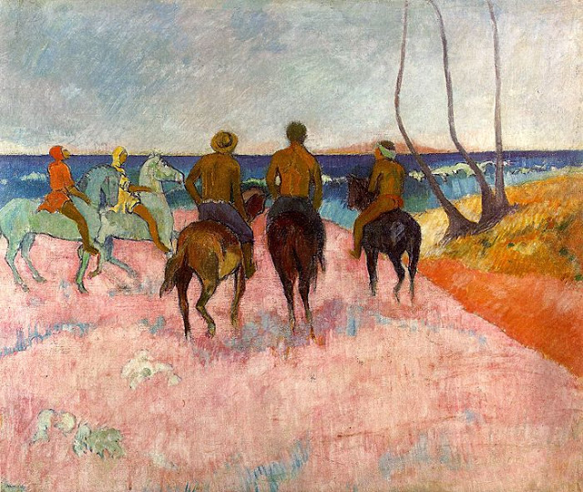RosaIsnard's tweet photo. Al trasladarse a Hivaoa #Gauguin ha vuelto a encontrar un poco la felicidad que el creía perdida. Estado de ánimo que se refleja en la obra #JinetesEnLaPlaya, estallando un colorido vivo y luminoso, incluso fantaseándolo como apreciamos en el rosa de la playa. https://t.co/IqG1wPpElZ
