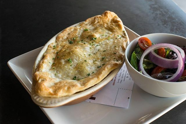 Ultimate comfort. Chicken Pot Pie. Roasted chicken and vegetables with puff pastry crust. Served with house salad. instagram.com/p/B9sP5f2pFQ3/
