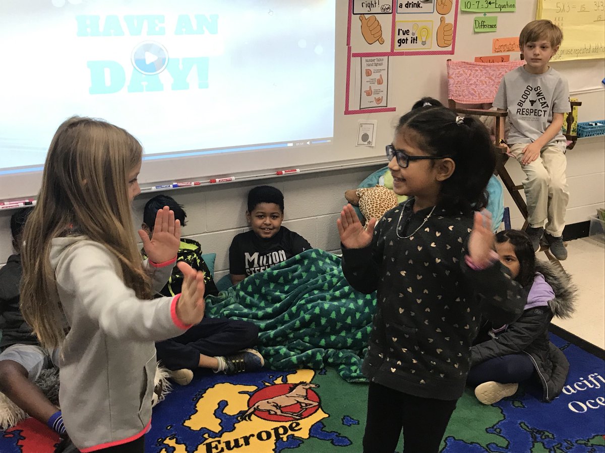 laura_lamaster's tweet photo. Students trying to figure out a morning greeting that doesn’t involve touching each other.  It was funny and creative. https://t.co/5ZkOw64EyU