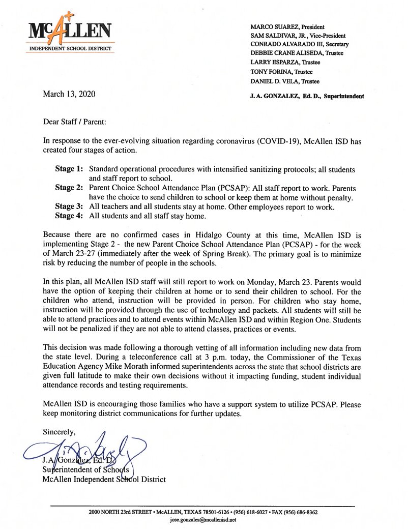 McAllenISD's tweet photo. Message from the Superintendent - NEW UPDATE (03/13/2020) https://t.co/g8fRFg5SuW